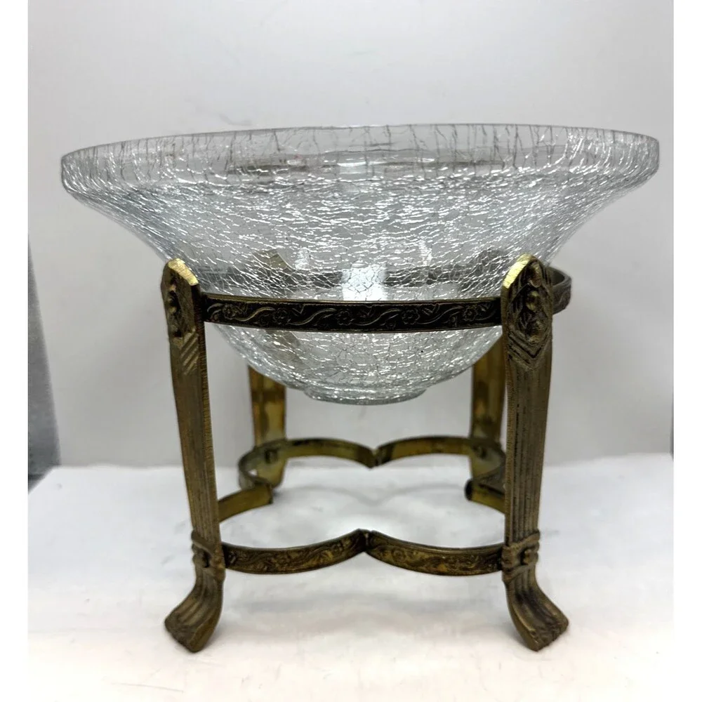 Vintage Glass Potpourri Bowl Orb  Brass  Stand Floral Decor Footed